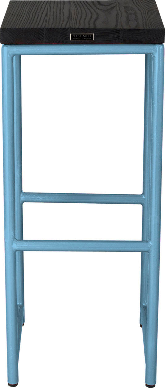 Duck-egg blue metal stool with black stain ash wood made in UK - back view round frame