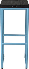 Load image into Gallery viewer, Duck-egg blue metal stool with black stain ash wood made in UK - back view round frame
