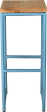 Load image into Gallery viewer, Duck-egg blue metal stool with natural stain ash wood made in UK - front view round frame

