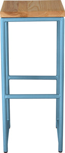 Duck-egg blue metal stool with natural stain ash wood made in UK - front view round frame