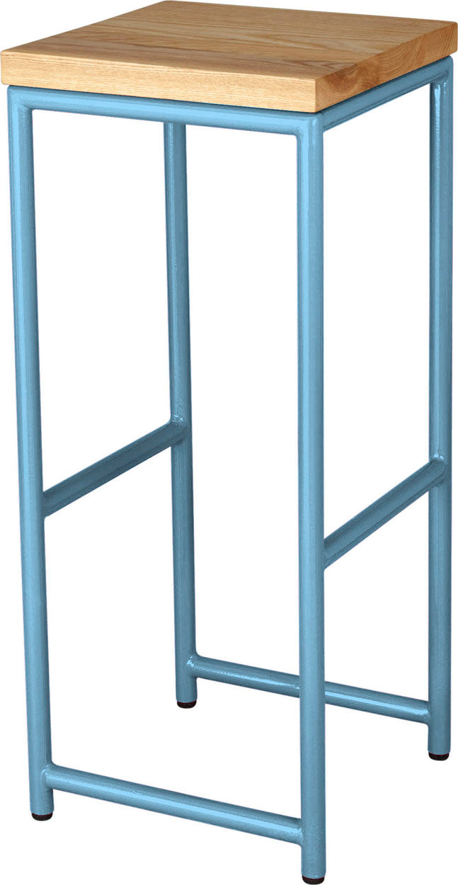 Duck-egg blue metal stool with natural stain ash wood made in UK - angle view round frame