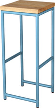 Load image into Gallery viewer, Duck-egg blue metal stool with natural stain ash wood made in UK - angle view round frame
