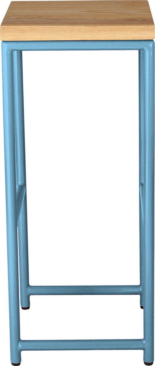 Duck-egg blue metal stool with natural stain ash wood made in UK - side view round frame