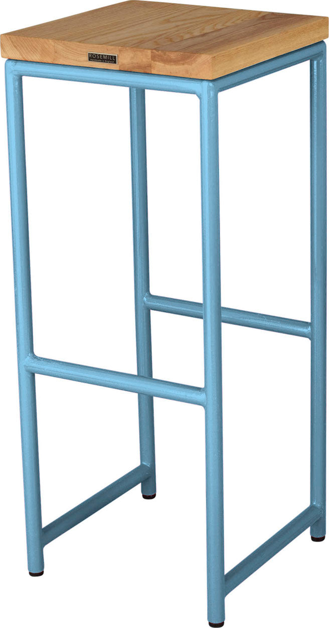 Duck-egg blue metal stool with natural stain ash wood made in UK - back side view round frame