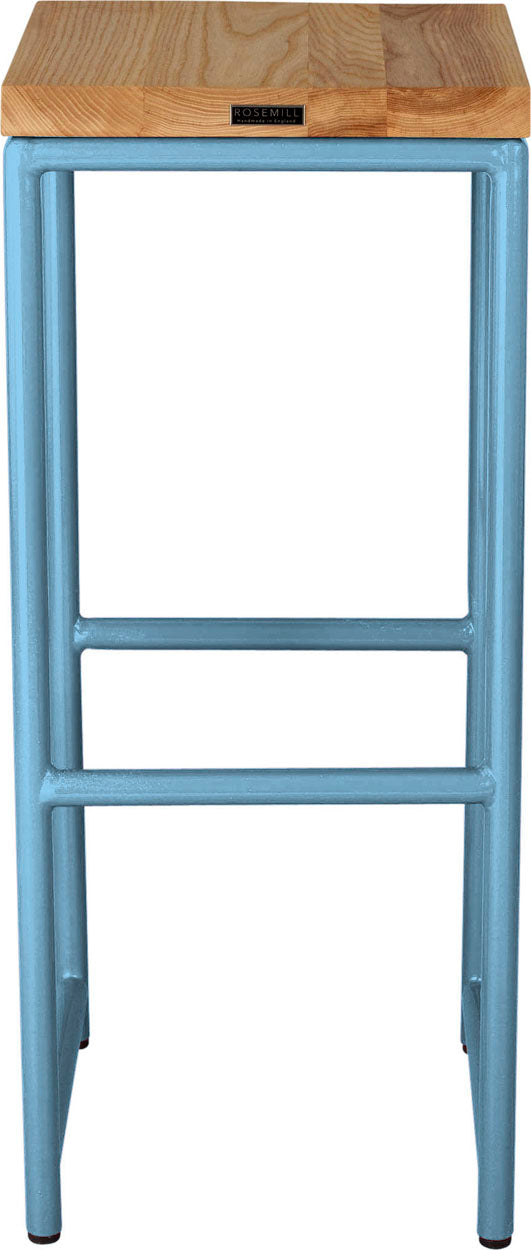 Duck-egg blue metal stool with natural stain ash wood made in UK - side view round frame