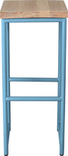 Load image into Gallery viewer, Duck-egg blue metal stool with whitewash stain ash wood made in UK - front view round frame

