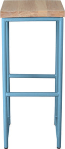 Duck-egg blue metal stool with whitewash stain ash wood made in UK - front view round frame