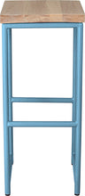 Load image into Gallery viewer, Duck-egg blue metal stool with whitewash stain ash wood made in UK - front view round frame

