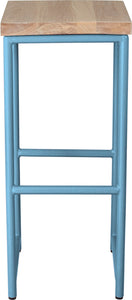 Duck-egg blue metal stool with whitewash stain ash wood made in UK - front view round frame