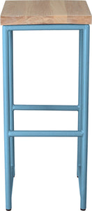 Duck-egg blue metal stool with whitewash stain ash wood made in UK - front view round frame