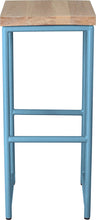 Load image into Gallery viewer, Duck-egg blue metal stool with whitewash stain ash wood made in UK - front view round frame
