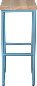 Duck-egg blue metal stool with whitewash stain ash wood made in UK - front view round frame
