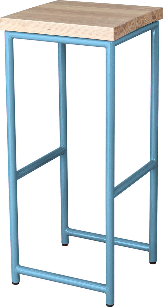 Duck-egg blue metal stool with whitewash stain ash wood made in UK - angle view round frame