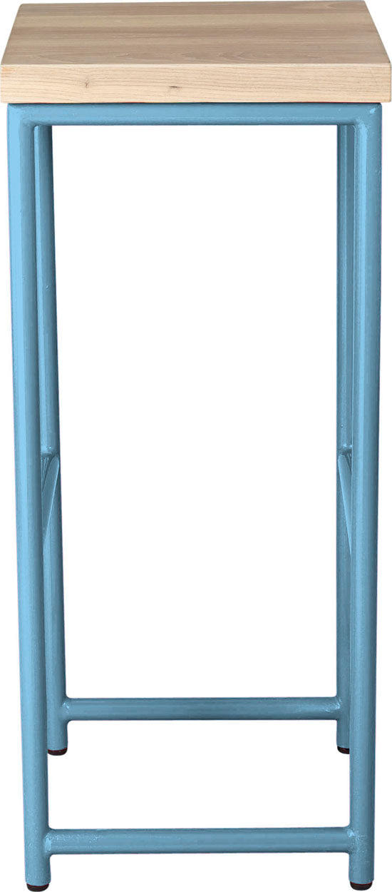 Duck-egg blue metal stool with whitewash stain ash wood made in UK - side view round frame