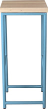 Load image into Gallery viewer, Duck-egg blue metal stool with whitewash stain ash wood made in UK - side view round frame
