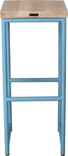 Load image into Gallery viewer, Duck-egg blue metal stool with whitewash stain ash wood made in UK - back view round frame
