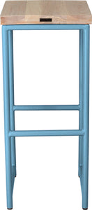 Duck-egg blue metal stool with whitewash stain ash wood made in UK - back view round frame