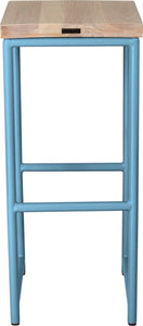 Duck-egg blue metal stool with whitewash stain ash wood made in UK - back view round frame