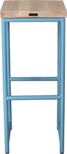 Load image into Gallery viewer, Duck-egg blue metal stool with whitewash stain ash wood made in UK - back view round frame

