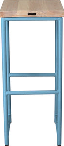 Duck-egg blue metal stool with whitewash stain ash wood made in UK - back view round frame