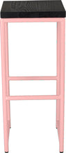 Load image into Gallery viewer, Pink metal stool with black stain ash wood made in UK - front view round frame
