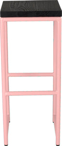 Pink metal stool with black stain ash wood made in UK - front view round frame