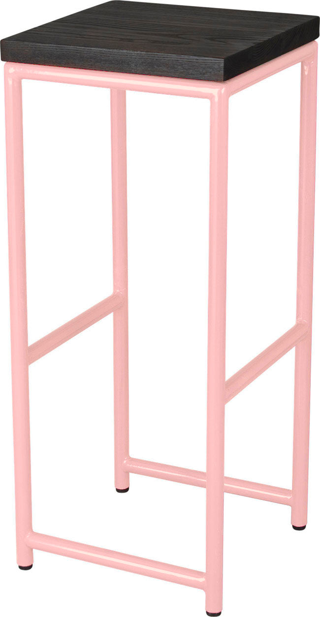 Pink metal stool with black stain ash wood made in UK - angle view round frame