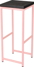Load image into Gallery viewer, Pink metal stool with black stain ash wood made in UK - angle view round frame
