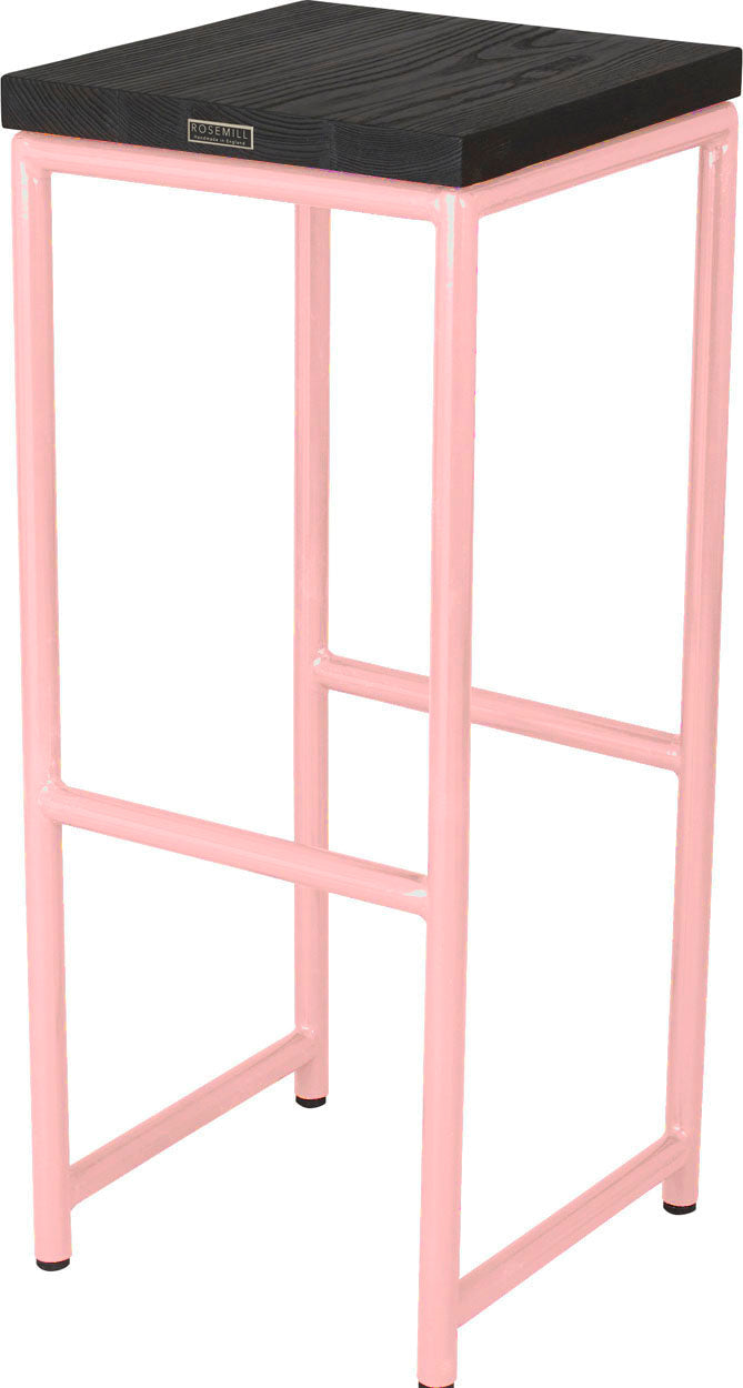 Pink metal stool with black stain ash wood made in UK - back side view round frame