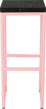 Load image into Gallery viewer, Pink metal stool with black stain ash wood made in UK - back view round frame
