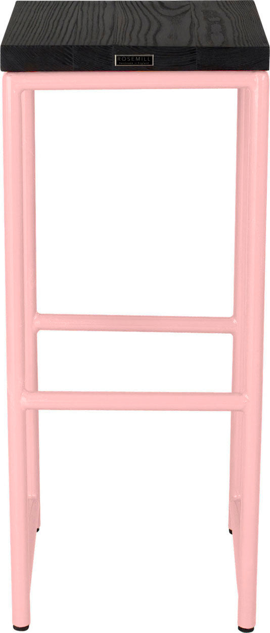 Pink metal stool with black stain ash wood made in UK - back view round frame