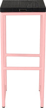Load image into Gallery viewer, Pink metal stool with black stain ash wood made in UK - back view round frame
