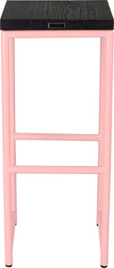Pink metal stool with black stain ash wood made in UK - back view round frame