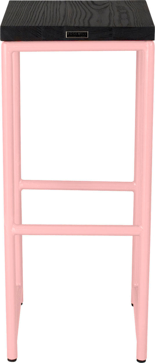 Pink metal stool with black stain ash wood made in UK - back view round frame