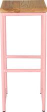 Load image into Gallery viewer, Pink metal stool with natural stain ash wood made in UK - front view round frame

