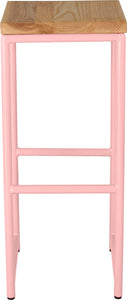 Pink metal stool with natural stain ash wood made in UK - front view round frame