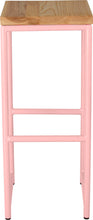 Load image into Gallery viewer, Pink metal stool with natural stain ash wood made in UK - front view round frame
