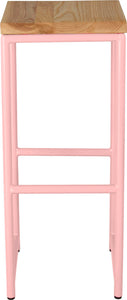 Pink metal stool with natural stain ash wood made in UK - front view round frame