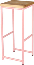 Load image into Gallery viewer, Pink metal stool with natural stain ash wood made in UK - angle view round frame
