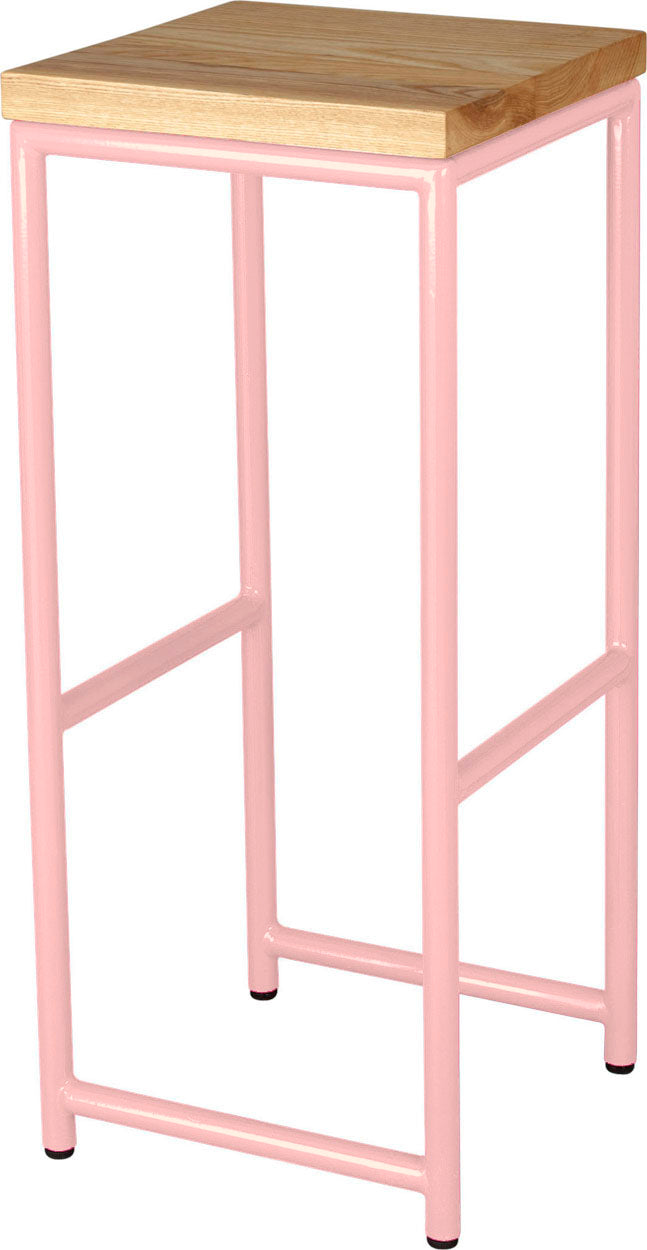 Pink metal stool with natural stain ash wood made in UK - angle view round frame
