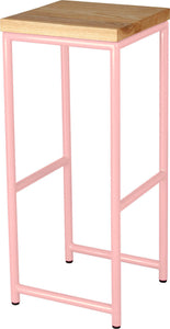 Pink metal stool with natural stain ash wood made in UK - angle view round frame