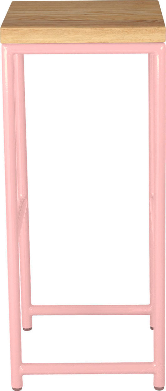 Pink metal stool with natural stain ash wood made in UK - side view round frame