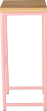 Load image into Gallery viewer, Pink metal stool with natural stain ash wood made in UK - side view round frame
