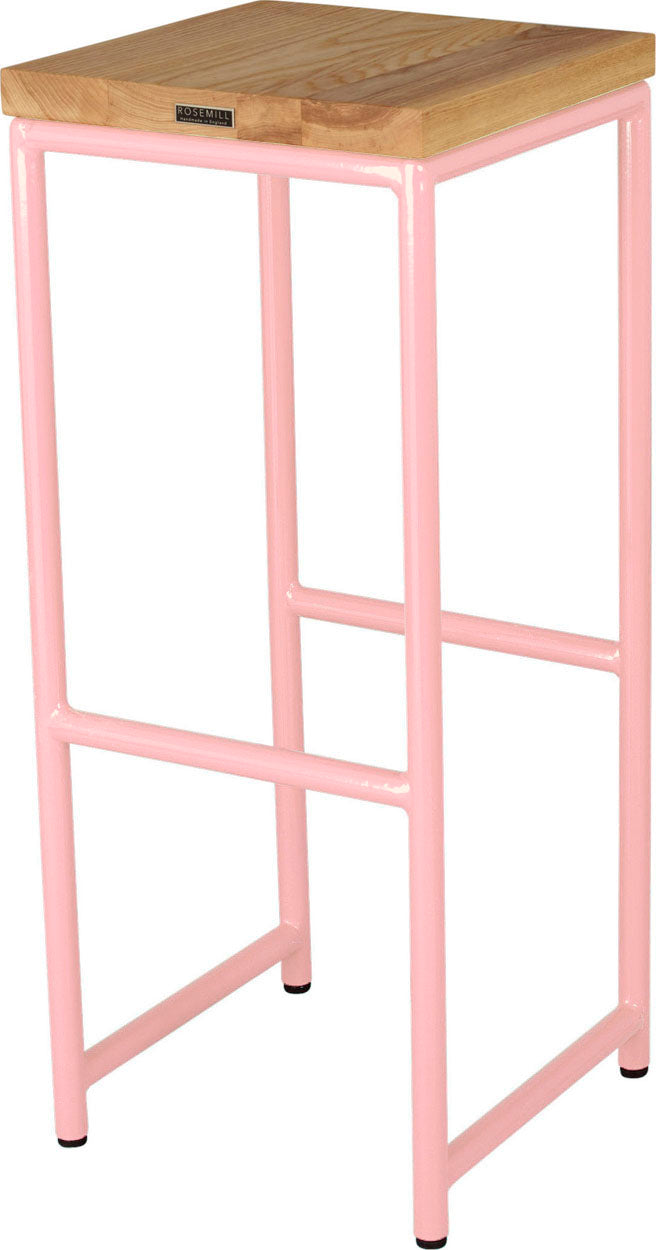 Pink metal stool with natural stain ash wood made in UK - back side view round frame