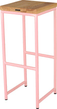 Load image into Gallery viewer, Pink metal stool with natural stain ash wood made in UK - back side view round frame
