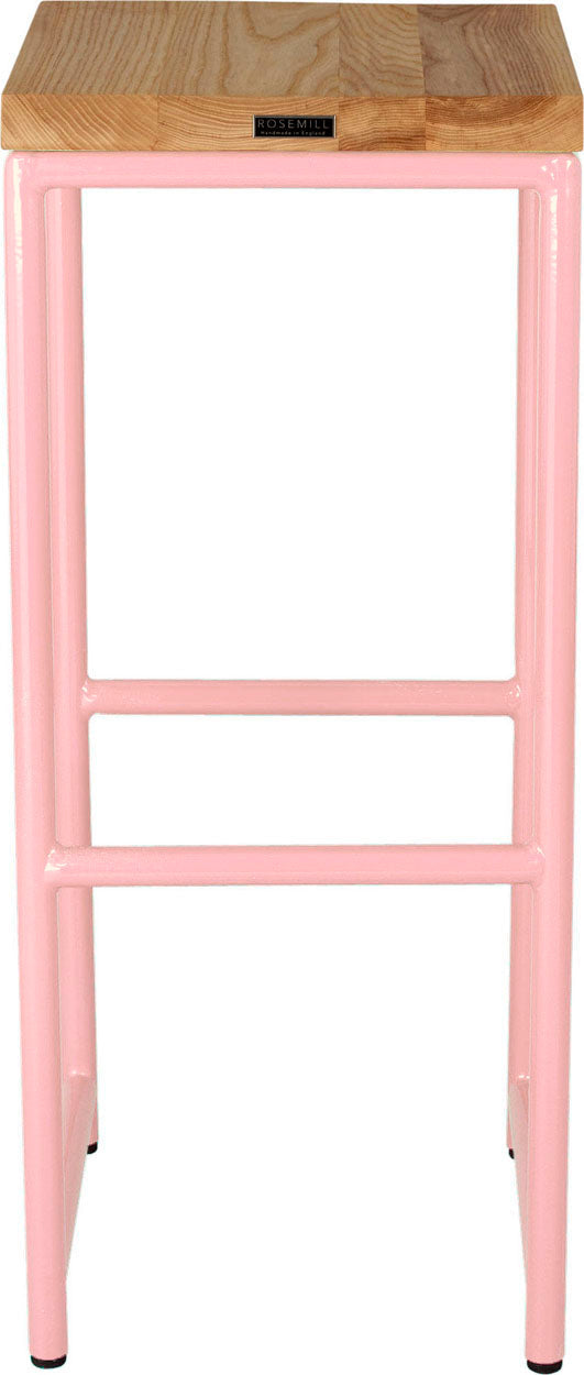 Pink metal stool with natural stain ash wood made in UK - back view round frame