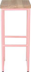 Pink metal stool with whitewash stain ash wood made in UK - front view round frame