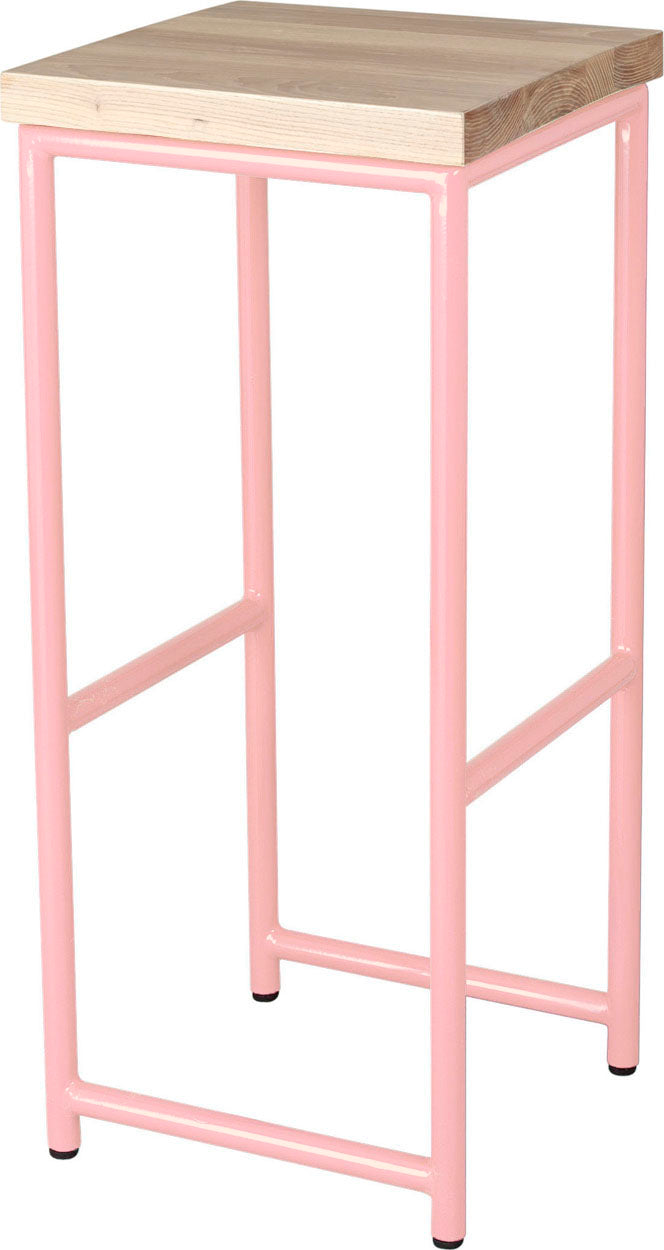 Pink metal stool with whitewash stain ash wood made in UK - angle view round frame