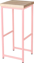 Load image into Gallery viewer, Pink metal stool with whitewash stain ash wood made in UK - angle view round frame
