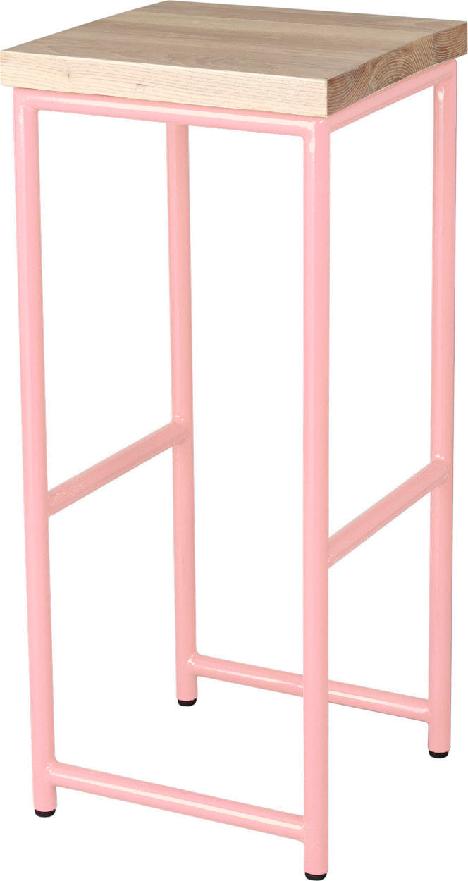 Pink metal stool with whitewash stain ash wood made in UK - angle view round frame